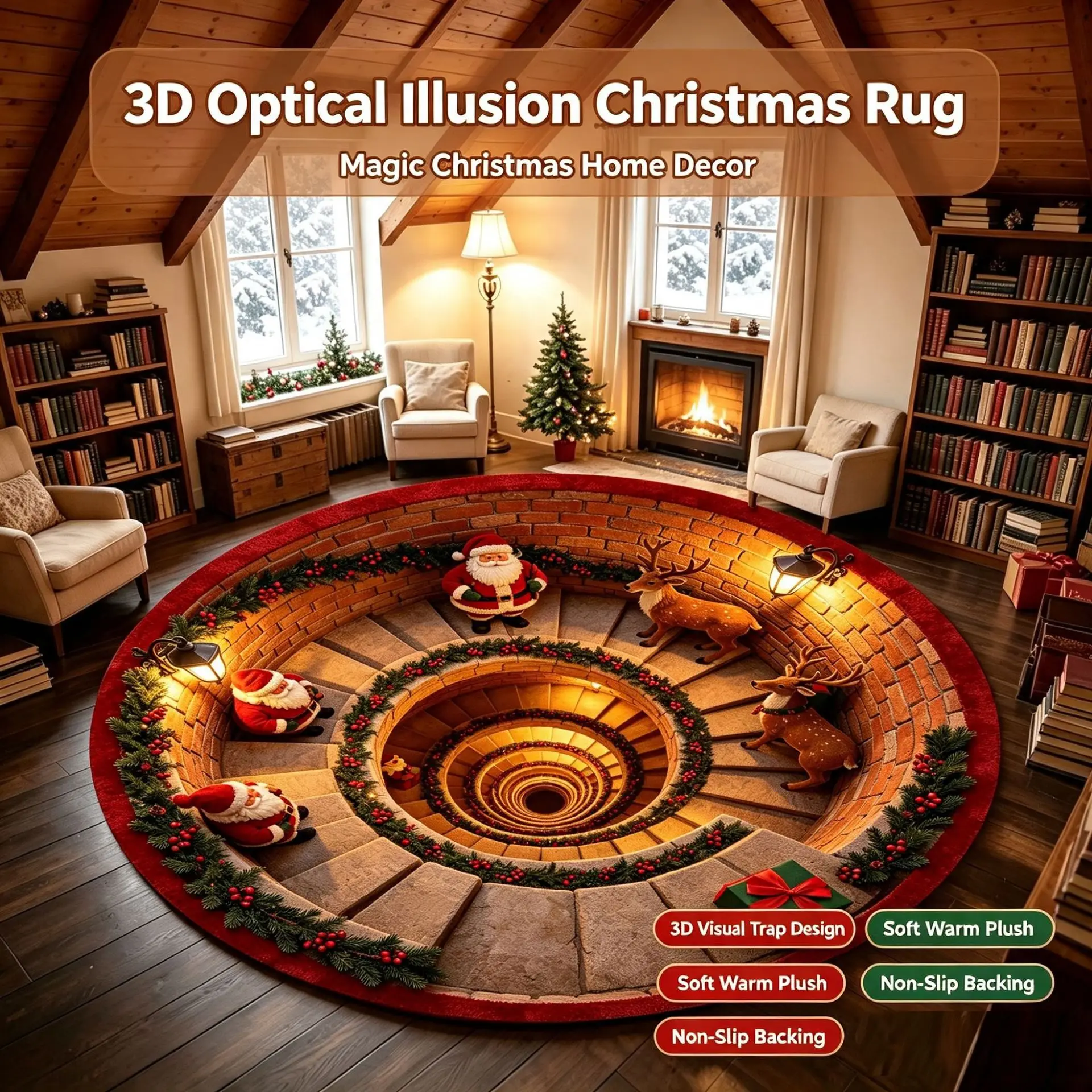 Christmas Round Rug 3D Visual Vertigo Spiral Staircase, Santa Claus Plush Surface Non-slip Carpet for Home Door New Year Decor