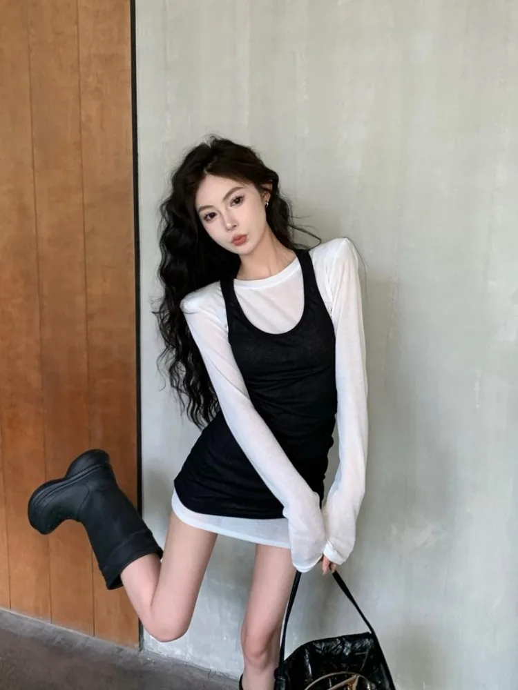 Women Fashion Casual Outfits Long Sleeve Vintage Grunge Solid  T-shirt Korean Streetwear Y2k Aesthetic Tanks Two Pieces Set