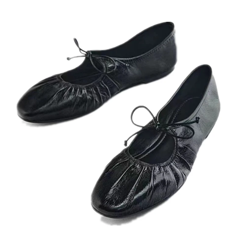 

Withered Genuine Leather Ballet ShoesCasual And Comfortable Slip-On Loafers Women French Round Toe Flat With Lace Up Soft