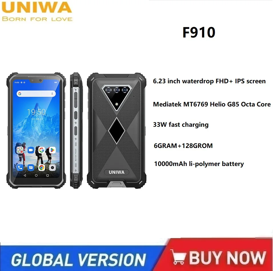 UNIWA F910 4G Rugged Smartphones Android 12 6GRAM+128GROM  6.23 inch FHD+ screen Mobile Phones 10000mAh 48MP Fast Charging NFC