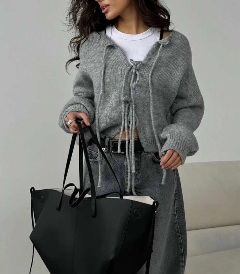 Sweater Wanita Warna Solid dengan Tali Ikat Pita, Gaya Santai, Cardigan Lengan Panjang untuk Musim Gugur dan Musim Dingin, Gaya Wanita