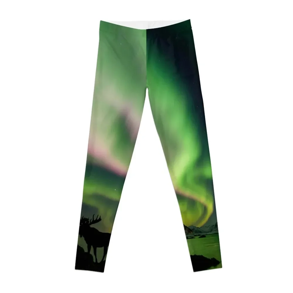 

Moose with Northern Lights Leggings sporty woman gym Women's sports pants Womens Leggings