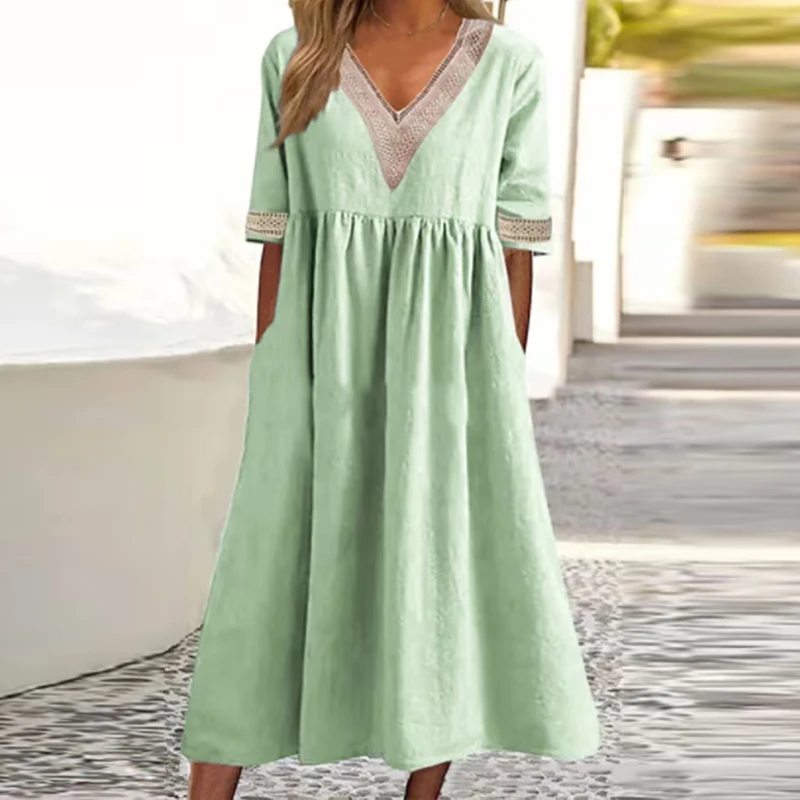 Women Elegant V-neck Party Dress Summer 2023 Fashion Solid Half Sleeve Cotton Linen Long Dress Ladies Casual Loose Dress