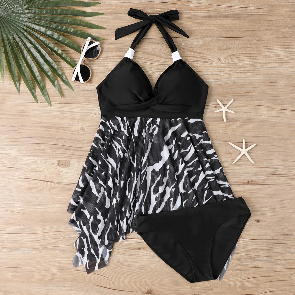 2026 Women Tropical Floral Skirted Tankini Swimsuit Halter V Neck Twist Front Irregular Hem Two Piece Modest Beach Bathing Suit