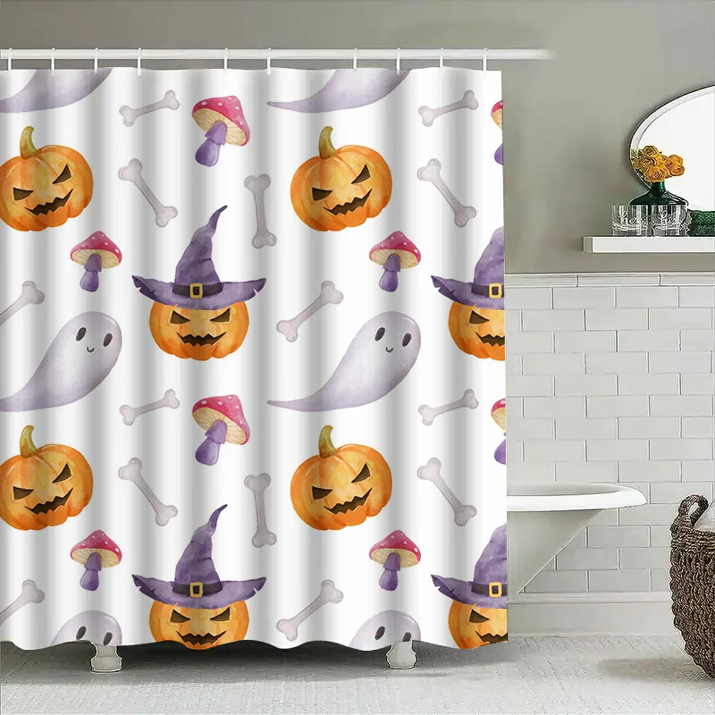

Tuniu Halloween Waterproof Shower Curtain Cute Pumpkin Ghost Bat Watercolor Print Bathroom Decor