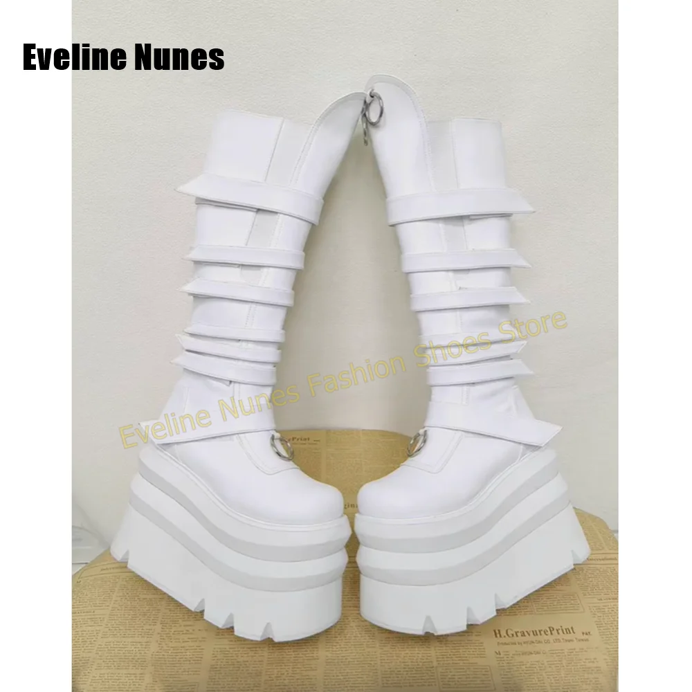 Bright Yellow Platform Knee High Boots Multi Wide Strap Metal Ring Round Toe Thick Sole Height Increase Y2K Punk Street Style view 3