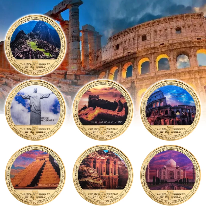 The Seven Wonders of The World Gold Plated Commemorative Challenge Coins Souvenir Business Gift for Father Collectible Gift