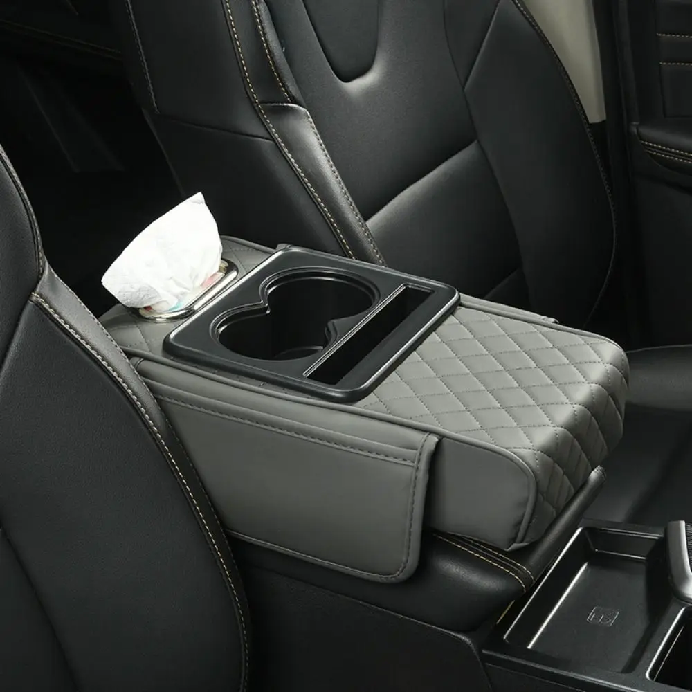 

Car Center Console Height Increasing Armrest Cushion Multifunctional PU Leather Armrest Pad with Cup Holder Tissue Box