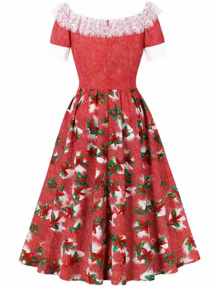 Women Christmas Pin Up Casual Party Dress Short Sleeve Retro Robe 60s 50s Vintage Rockabilly 1960s 1950s Swing Dress Vestidos