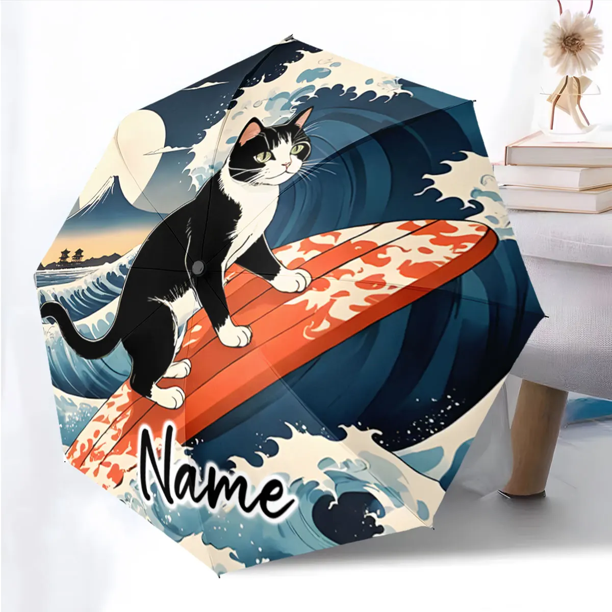 Custom Name Umbrella Cat Surfing Adventure Umbrella Print 8 Iron Ribs Folding Umbrella Auto-Open Fashion Sunshade