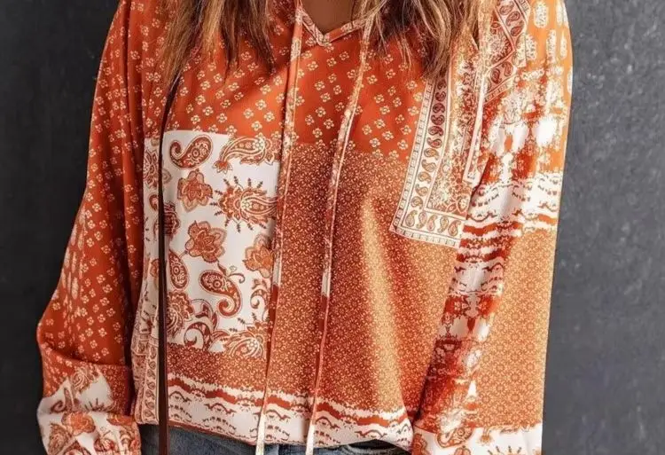 

Fashion Boho Print Shirt Women Casual V Neck Lace-up Long Sleeve Pullover Shirts Tops For Female Holiday Womens Clothing Autumn