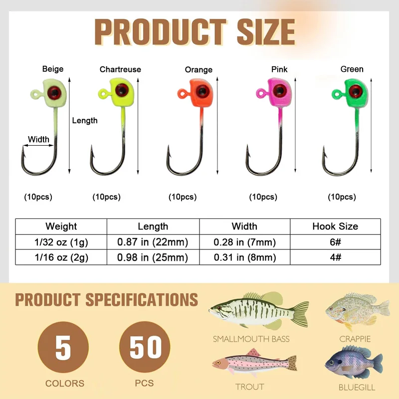 50 Stück Blei-Jigköpfe Angelhaken Swimbait Bass-Köder Jigköpfe 3D Fischauge 1/32 1/16 oz Leuchtende Angelhaken Zubehör – Detail 2