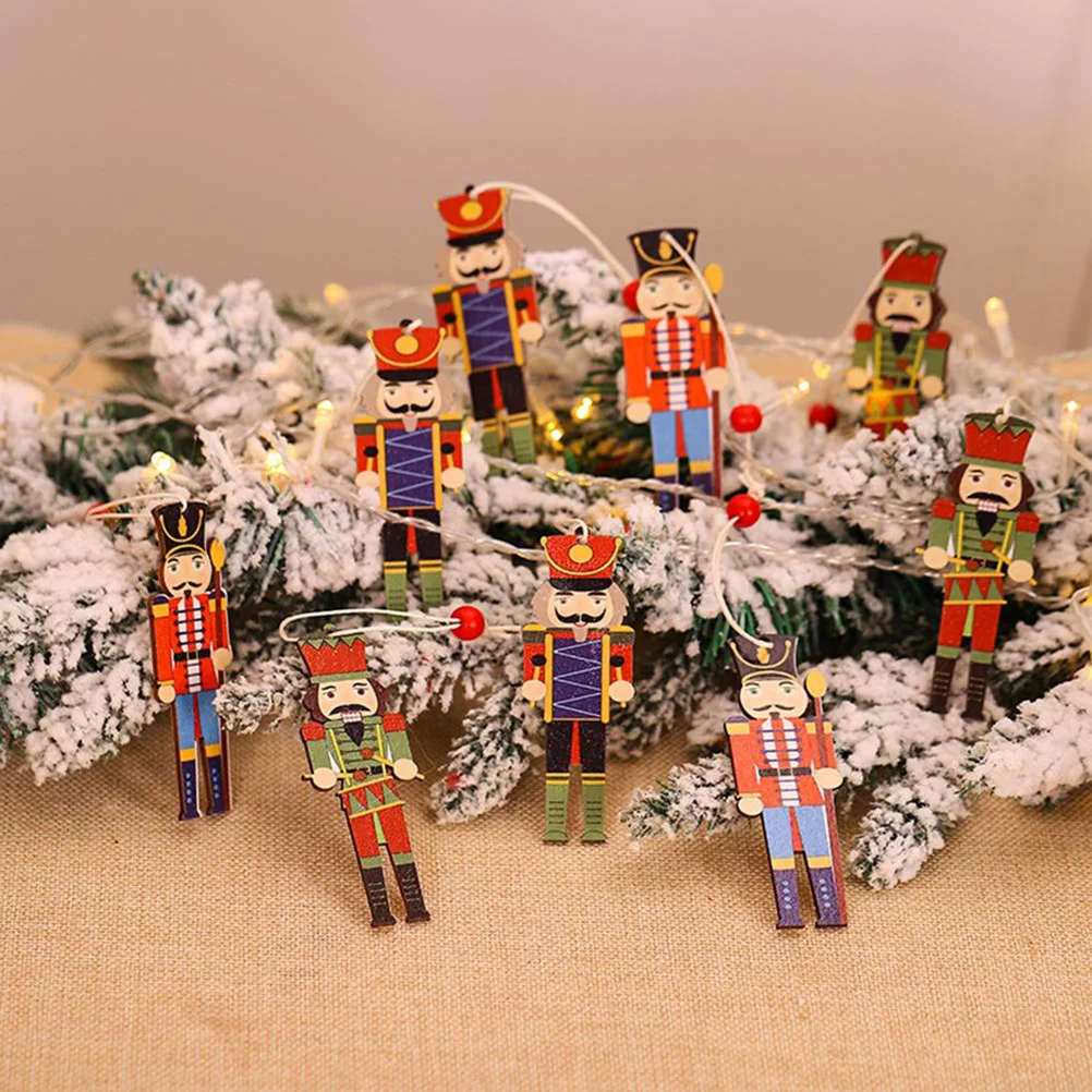 9Pcs Christmas Walnut Soldier Wooden Pendant Colorful Printed Wooden Pendant Christmas Tree Holiday Party Decorations