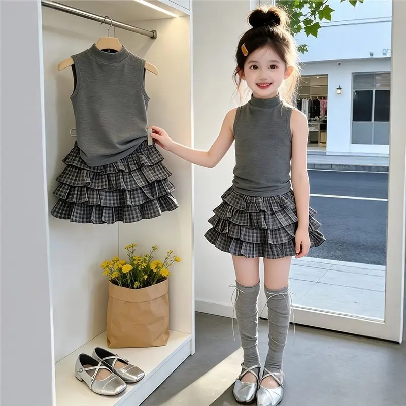 

RAISE Summer Kids Girls 2PCS Clothes Set Muslin Thin Children Girls Sleeveless Turtleneck Tees Suits Plaid Cake Skirts Outfit