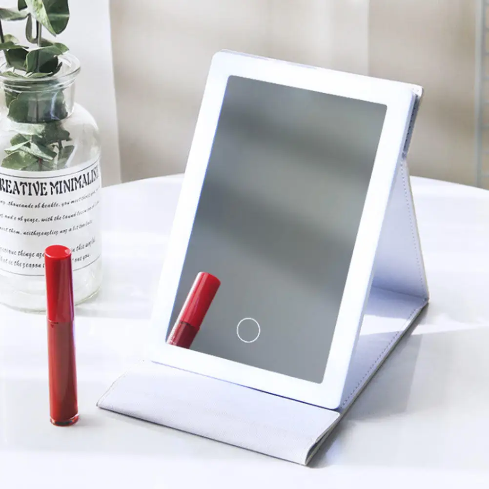 

1Set Folding LED Makeup Mirror Portable PU Material Desktop Vanity Mirror Clear Reflection Stable Base Ideal Gift for Girls