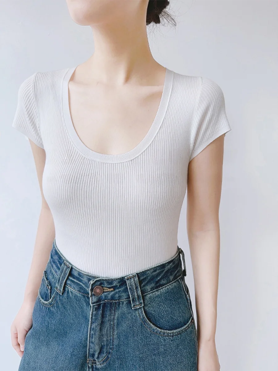 

XALI Slim Fit Knitted U-Ne ort Sve T-irt White Summer Top Commute Sle Regular Thin Pure Color ort Length