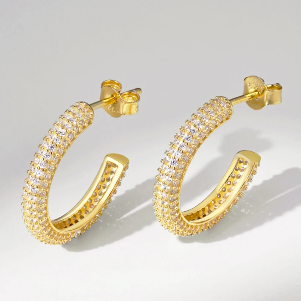 

Real S925 Sterling Silver Earrings Bright Full Diamond Circle C-shaped Earrings Women Luxury Jewelry Shiny 5A Zircon Girl Gift