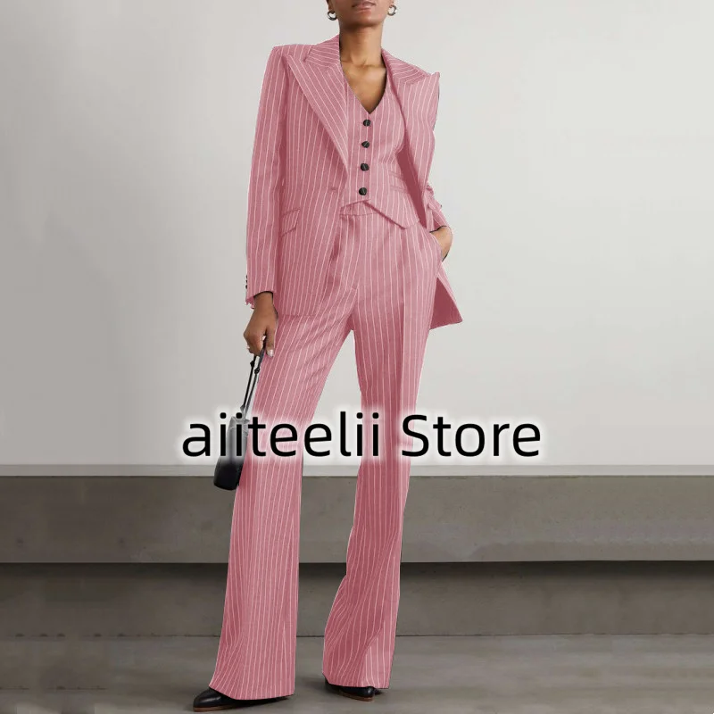 Women\'s Three-piece Suit Fashion Striped Slim Fit Lapel (Jacket + Vest + Trousers) Collar Single-breasted Suit for Business