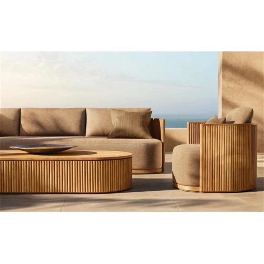 Outdoor garden furniture Custom garden patio teak sectional sofa set Waterproof fabric sofa  table and chair covers wood frame