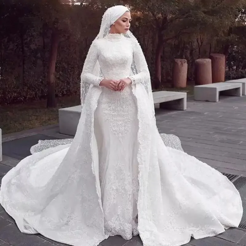 

Customized High Neck Long Sleeve Sheath Muslim Wedding Dress Lace Hijab Wedding Gown With Detachable Train