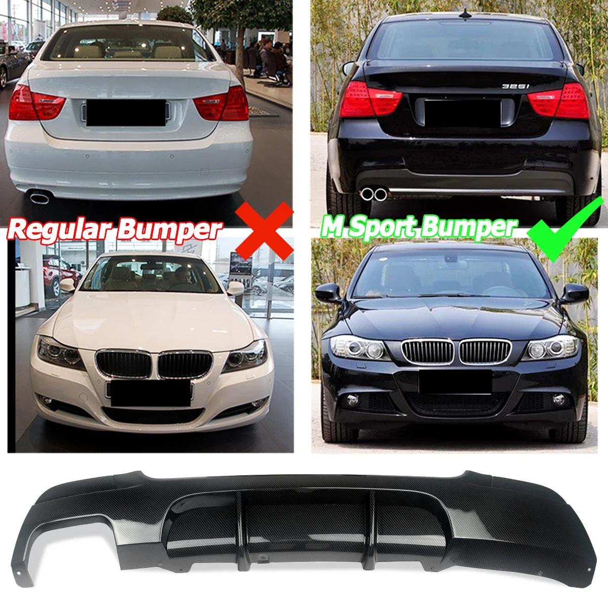 Rear Bumper Diffuser Carbon Look ABS For 2007-2013 BMW 3 Series E92 E93 M Sport