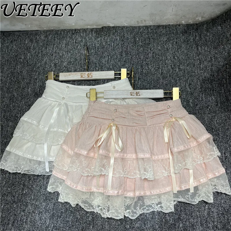 

2025 Summer New Sweet Girls Pearl Strap Bow Lace Short Skirt Solid Color Pure Desire Style High Waist A- Line Mini Bud Skirts