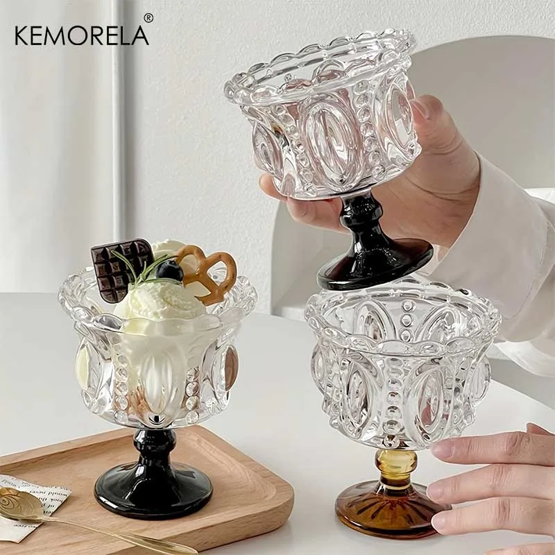 KEMORELA 1/2PCS 레트로 엠보싱 유리컵 위스키 머그 블랙 크리스탈 홈 크리에이티브 커피 아이스크림 요거트 디저트 고블렛