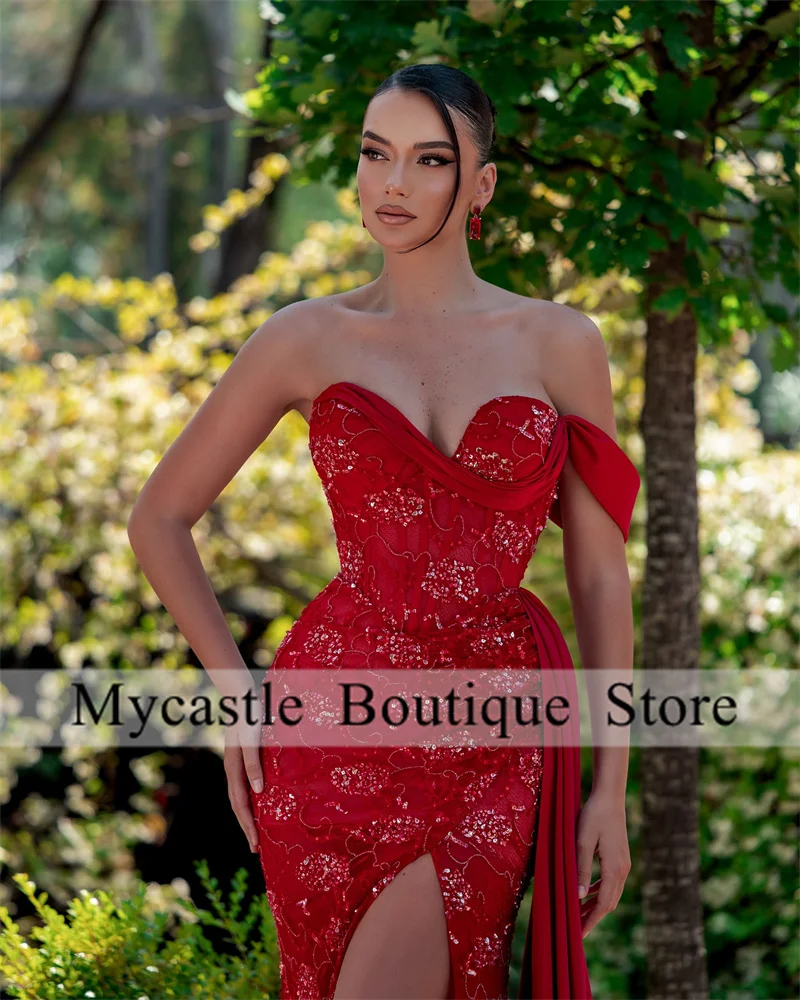 تخصيص الأحمر مطرز الرباط الحبيب الرقبة حورية البحر فساتين السهرة الجانب السامية سبليت كريستال فساتين السهرة vestidos de noiva