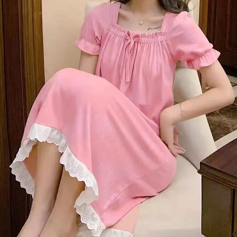 

Long Sleepwear Sleepwear Set Nightdress Homewear Nightwear Pyjamas Female Nightgown Loose Plus Size Solid Color Nightgown