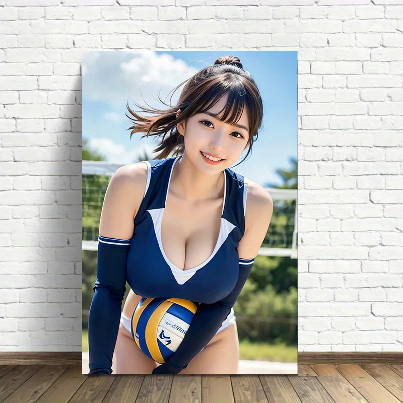 Vintage Sporty Asian Woman Metal Tin Sign - Retro Energetic Girl with High Bun in Navy Blue Volleyball Uniform, Posing with Voll