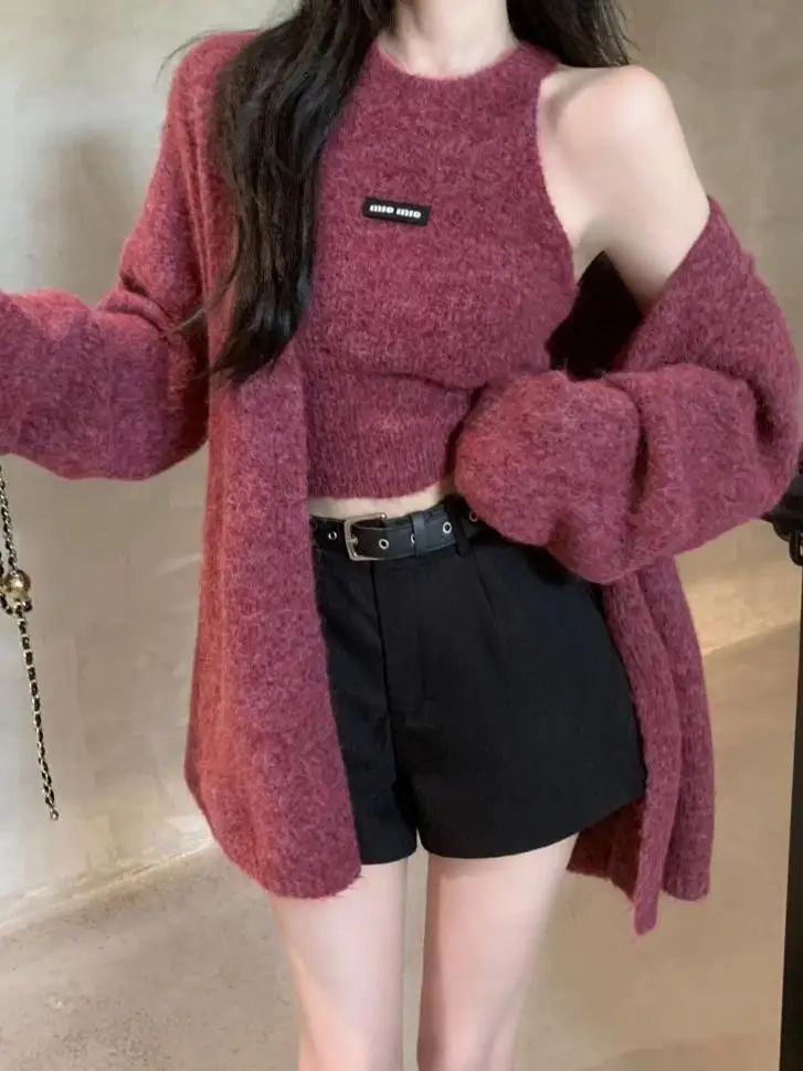 

Свободный фиолетовый вязаный свитер, пальто, женский осенне-зимний комплект из двух предметов средней длины, висящий топ с жилетом на бретелях