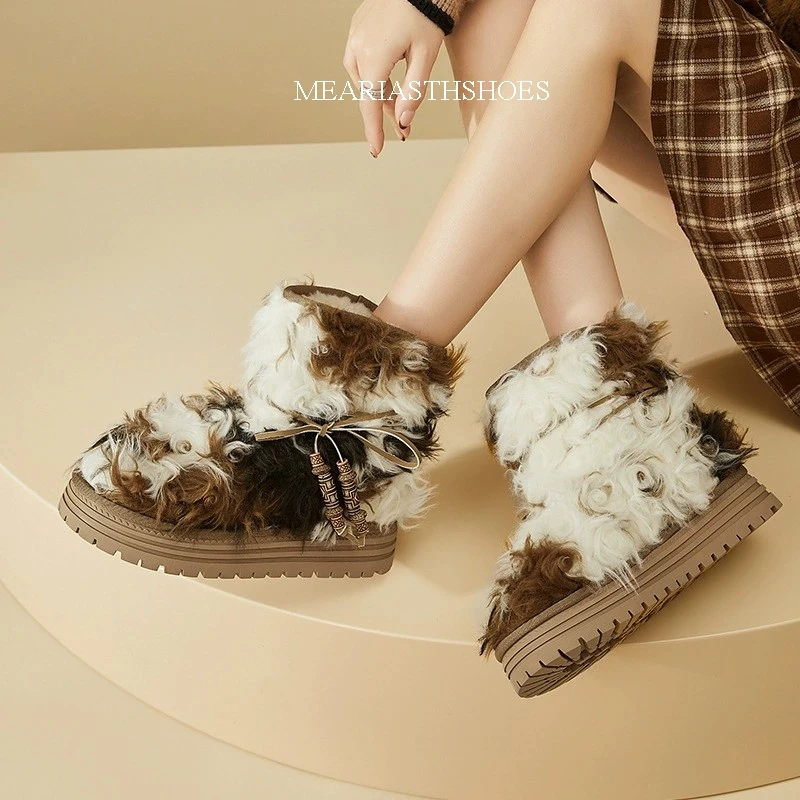 

Round Toe Mix Colors Snow Boots Retro Faux Fur Warm Mid-calf Boots Ethnic Style 2025 Women New Casual Winter Slippers Shoes