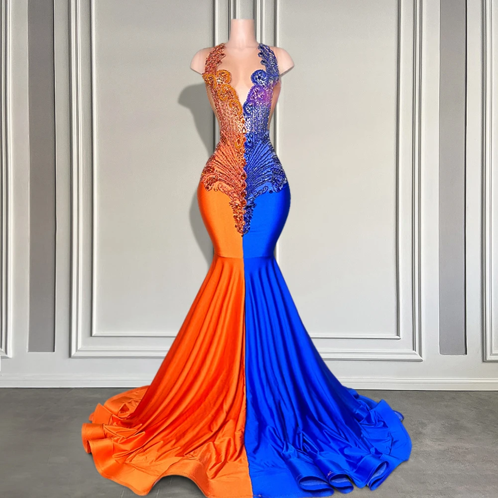 Vestidos largos de fiesta de sirena de satén de cristal naranja y azul, ilusión de 2025, vestidos de fiesta negros con diamantes de imitación de lujo para niñas, personalizados