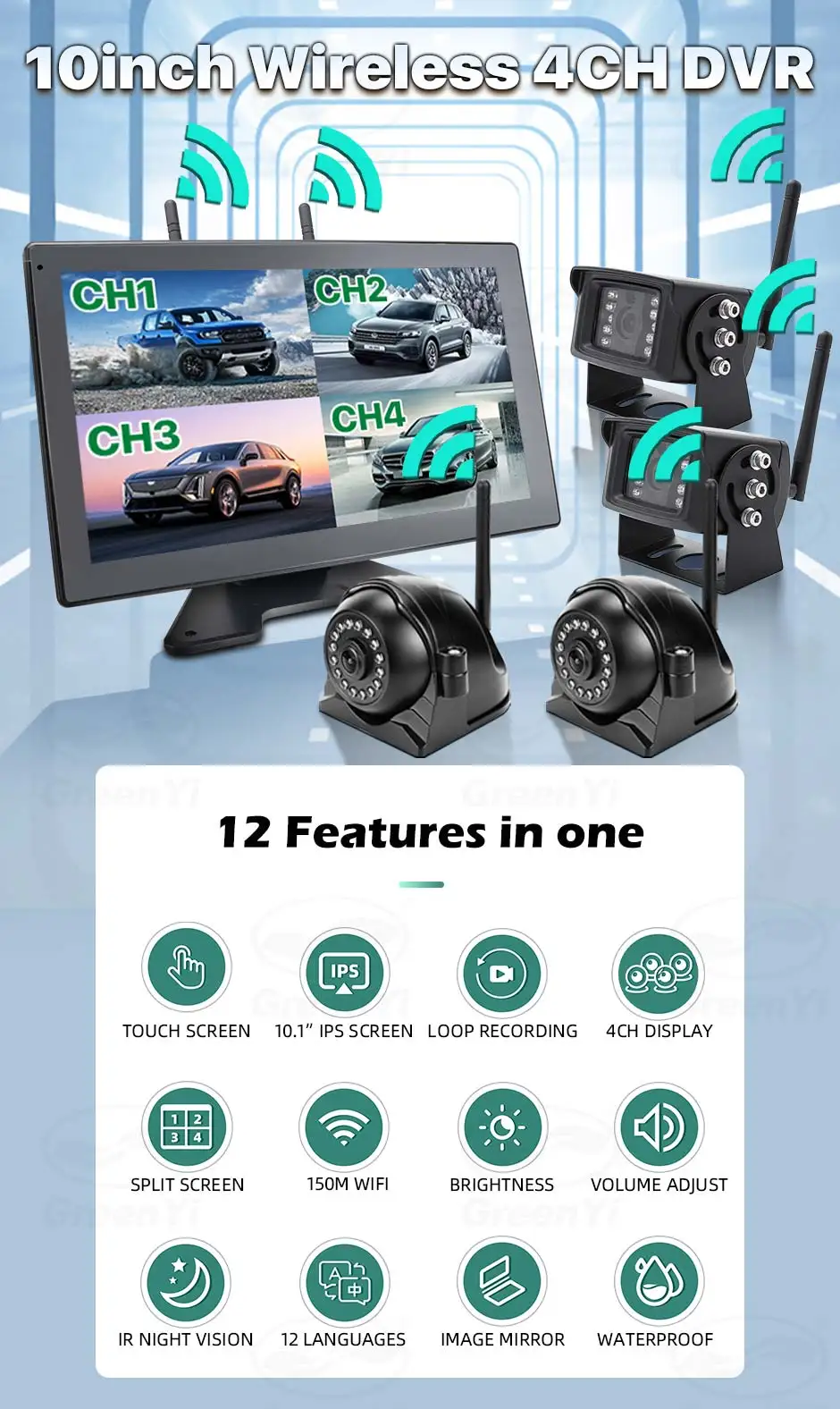 10-Zoll-AHD-Monitor, digitaler Touchscreen, DVR, Aufnahme, IR-Kamera, WiFi, 4 Kanäle, für LKW/Anhänger/Bus/Wohnmobile/SUV