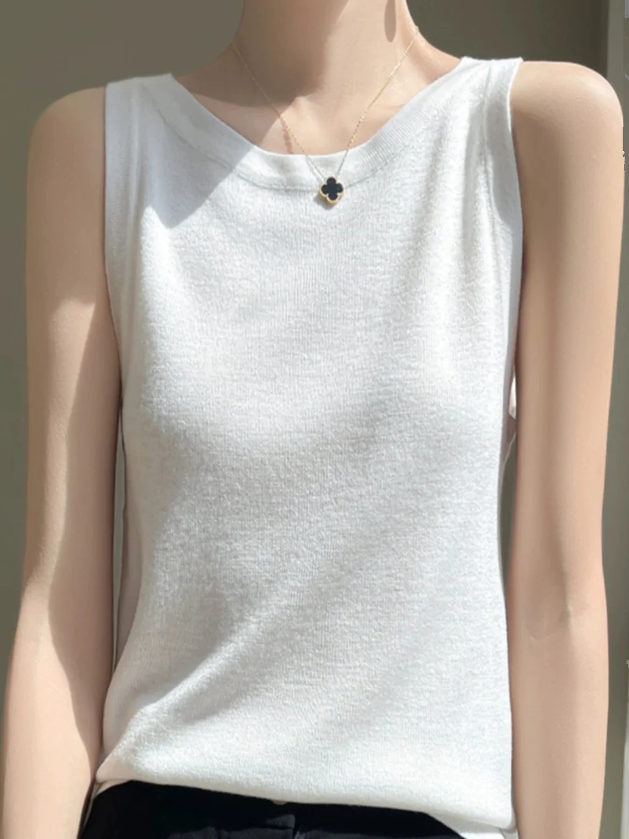 여성용 부드럽고 편안한 원숄더 라운드 넥 니트 탱크탑 초미세 방적 울 베이스 이르트 출퇴근용 순색