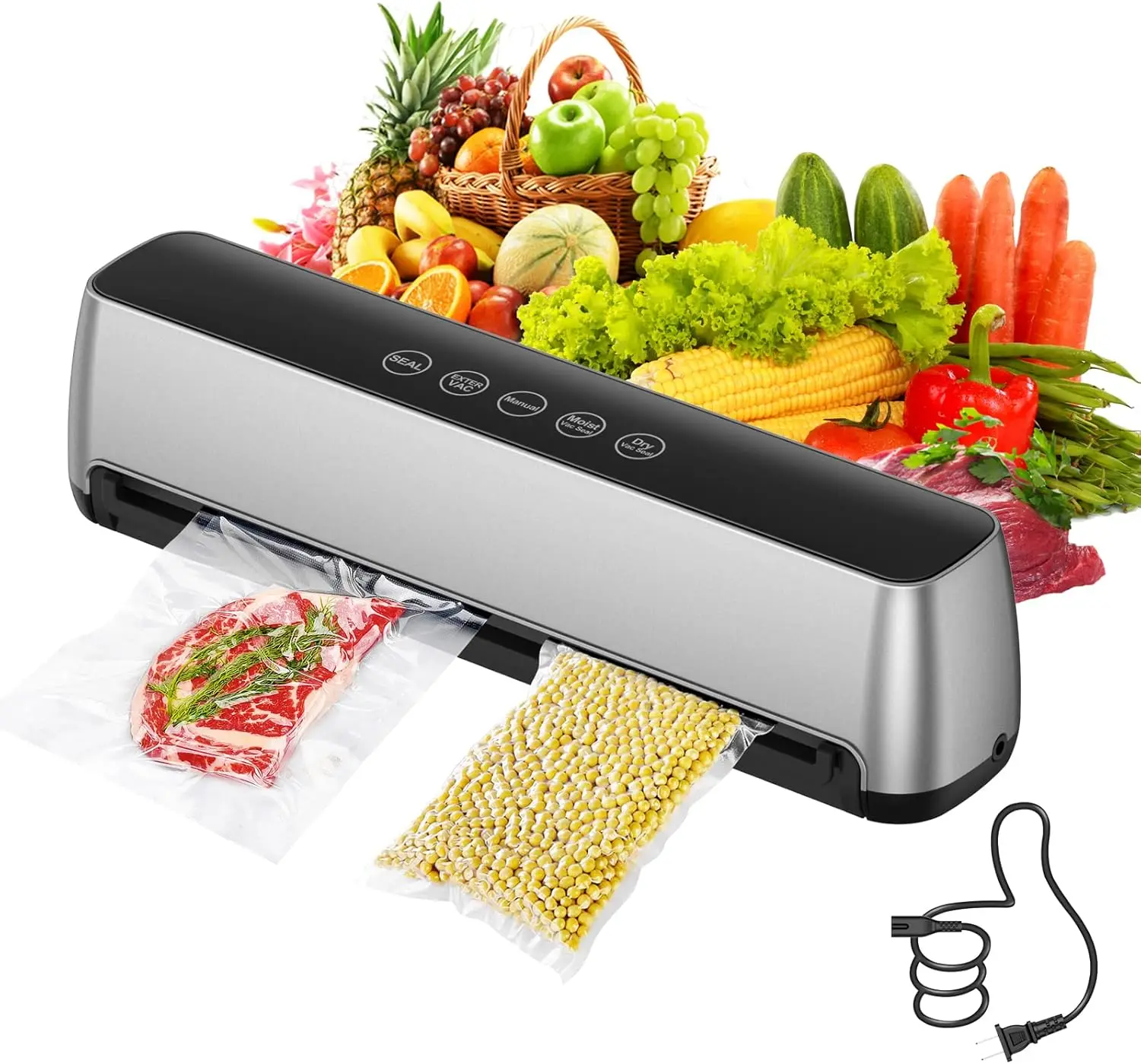 Machine - Food-Vacuum-Sealer Automatic Air Sealing System for Food Storage Dry and Wet Food Modes LED Indicator Co