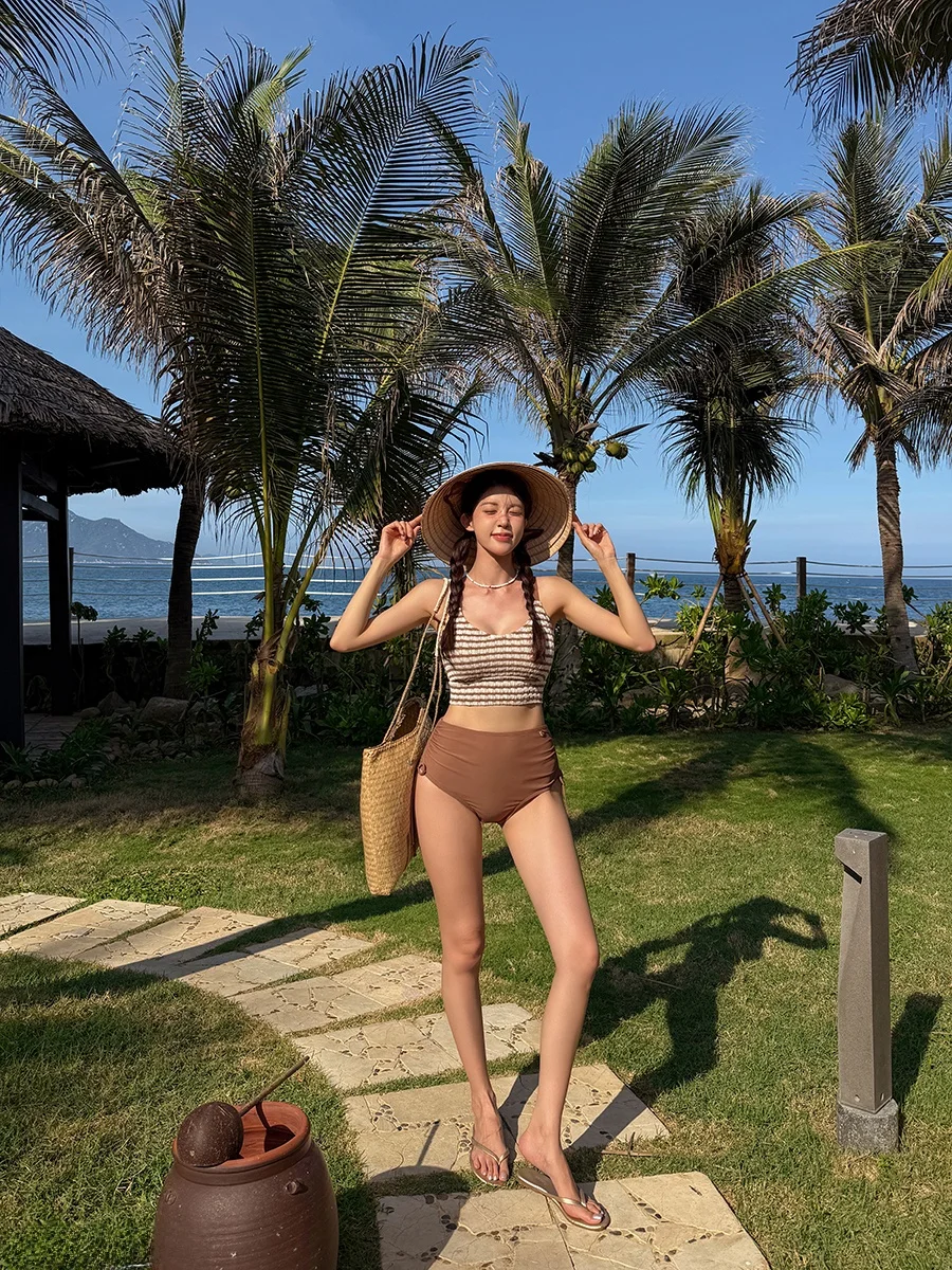 

Корейский женский купальник-бикини с завышенной талией, пляжный, с подушечками для груди, стройнящий, в полоску