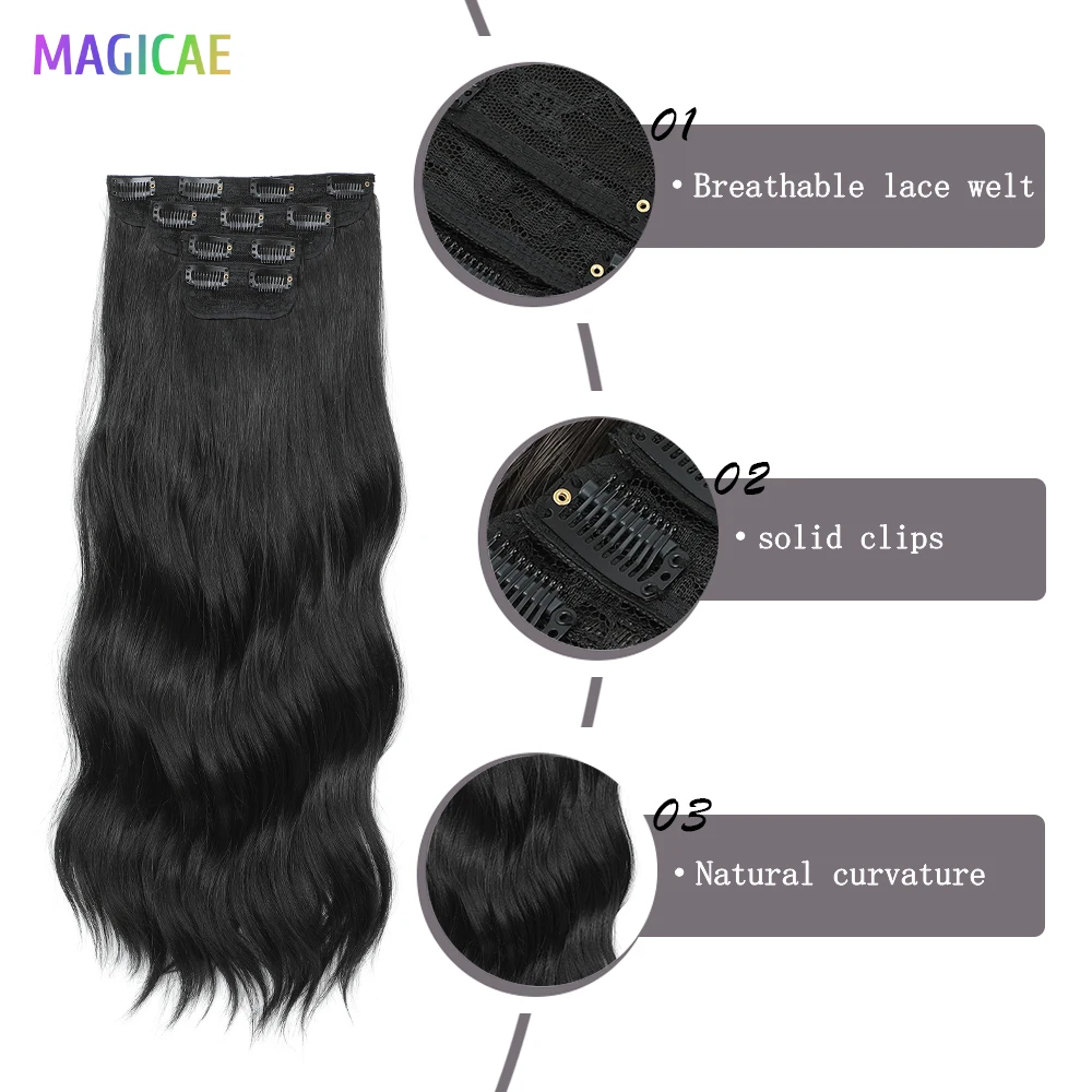 MAGICAE Synthetic Clip In Hair Extensions Long Wavy Curly 4Pcs/Set Piece 11 Clips 22 inch For Women Daily Use Curly Hairpieces