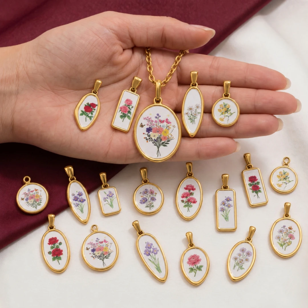 2pcs Stainless Steel Enamel Rose Dried Flower Charms Irregular Round Pendant for DIY Necklace Jewelry Making Findings Wholesale