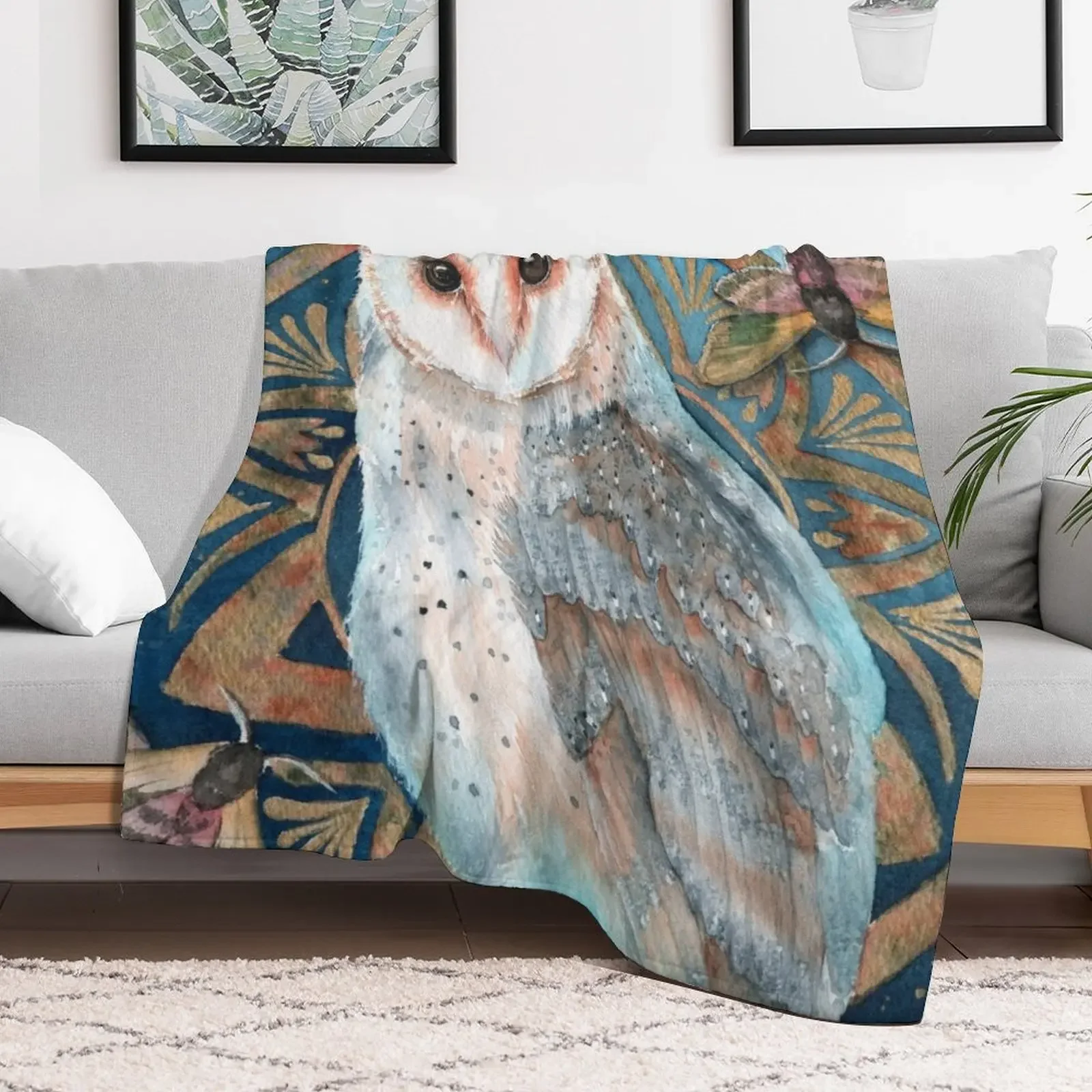 Watercolor barn owl with two hawkmothes Throw Blanket Tourist Cute Plaid Blankets