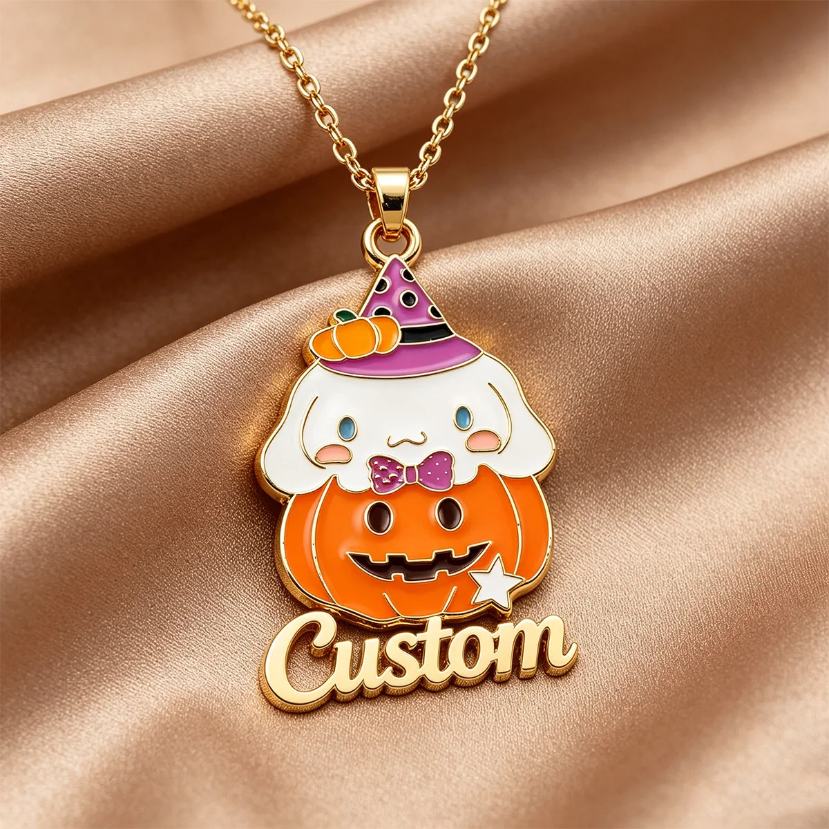 Retro Pumpkin Drop Oil Big Eared Dog Name Necklace for Women Gold Color Stainless Steel Necklace Halloween Party Jewelry Gift
