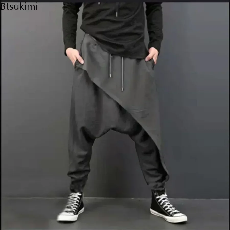 2025 Men's Casual Trousers Irregular Loose Solid Drawstring Cross-pants Men Vintage Harem Pants Hip-hop Skateboard Fitness Pants