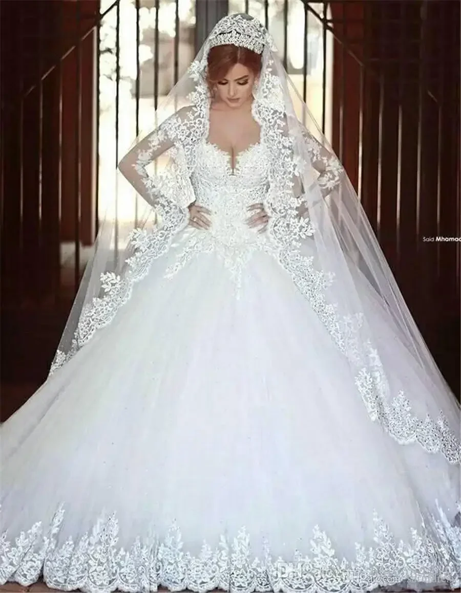

Customized Sweetheart Long Sleeves Lace Appliques Beads Long Chapel Train Plus Size Bridal Gowns Modern Arabic A Line Wedding Dr