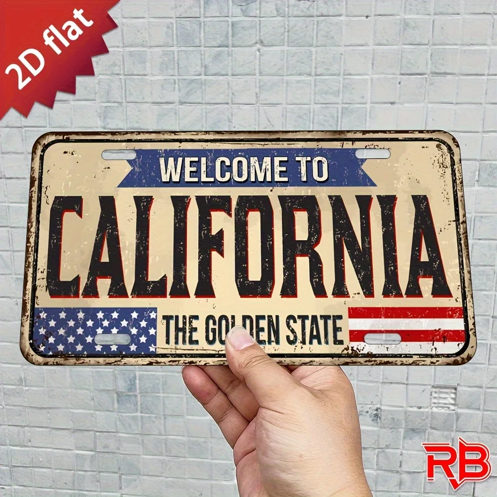 , Letrero de bienvenida de California - Decoración de pared de metal con bandera estadounidense y texto "California", diseño rústico desgastado para el hogar, cafetería,