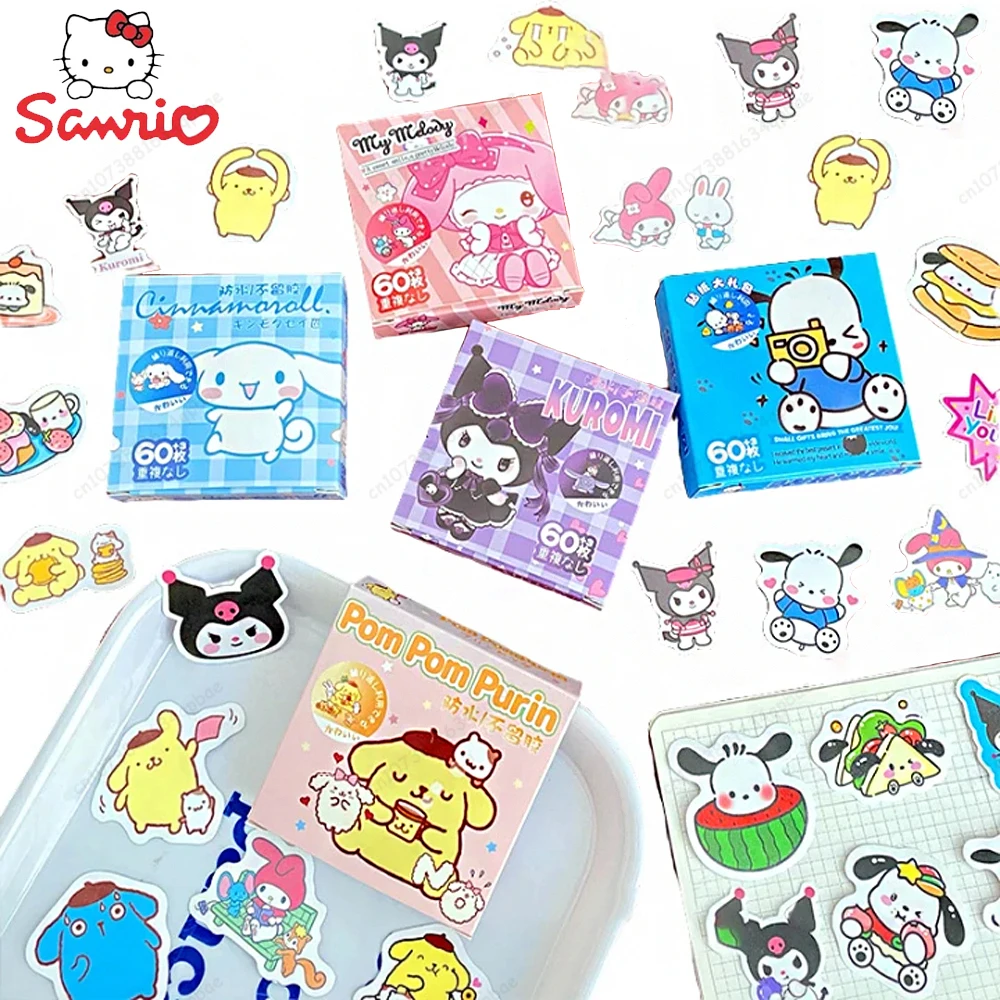 

MINISO 60Pcs/Box Anime DIY Stickers Kawaii Sanrio Hello Kitty Kuromi Cinnamoroll Pochacco Stickers Stationery Cute Sticker