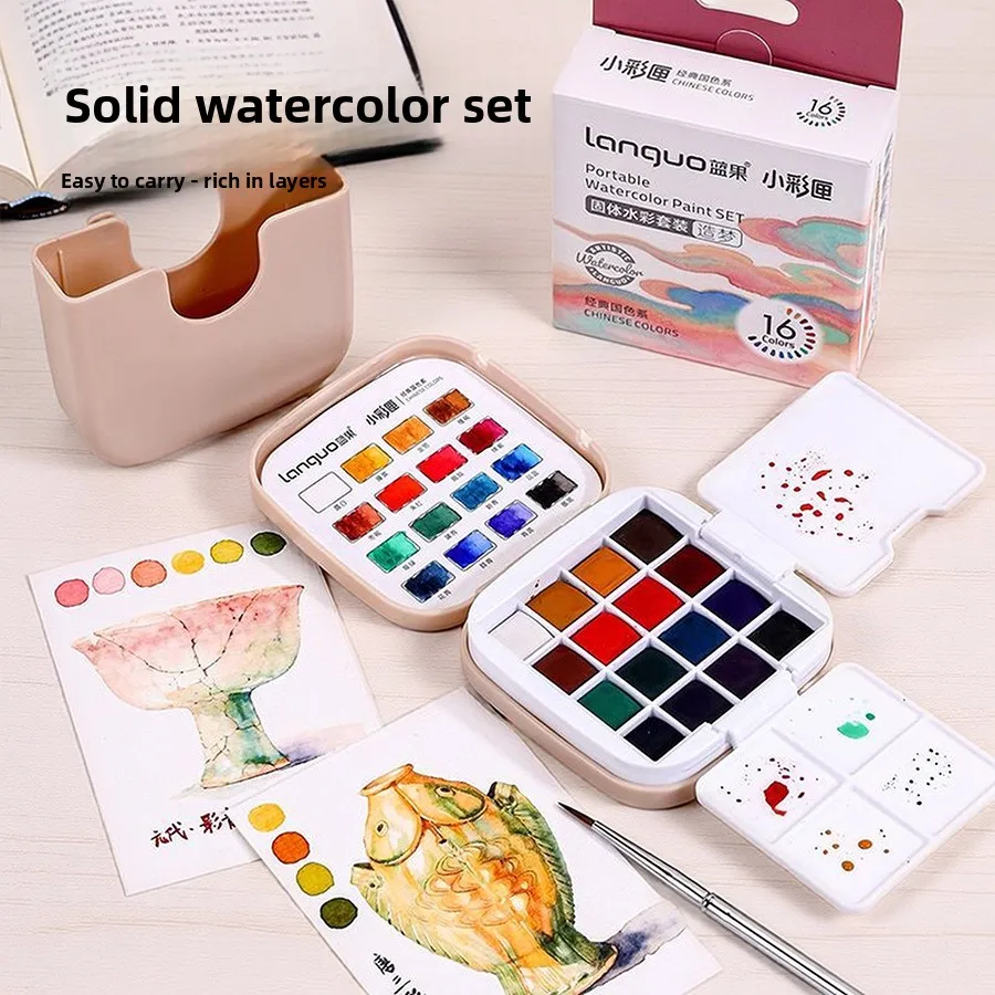 Portable Solid Watercolor Paint Set 16 Colors Mini Travel Palette with Water Brush Pen Notebook for Sketching Painting Diary