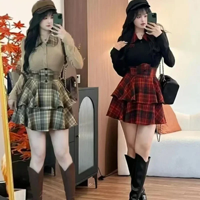 Streetwear Plaid Mini Skirt Women Korean Double Deck High Waist A Line Skirt Ladies Summer Chic Cake Pleated Short Skirt Mujer