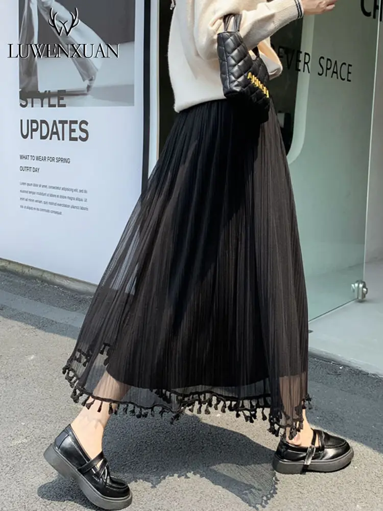 

Elastic High Waist Mesh Ruffle Layered Long Skirt Elegant Fairy Tulle Tiered A Line Maxi Skirts for Women Streewear F206