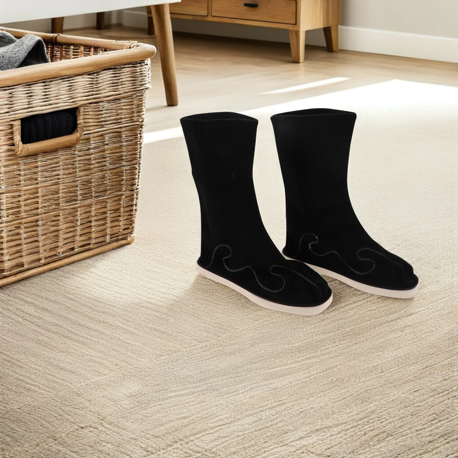 1 쌍 중국어 Hanfu 부츠 블랙 사이즈 38 중반 종아리 전통 신발 무대 공연을위한 미끄럼 방지 Pu 밑창 동양 댄스