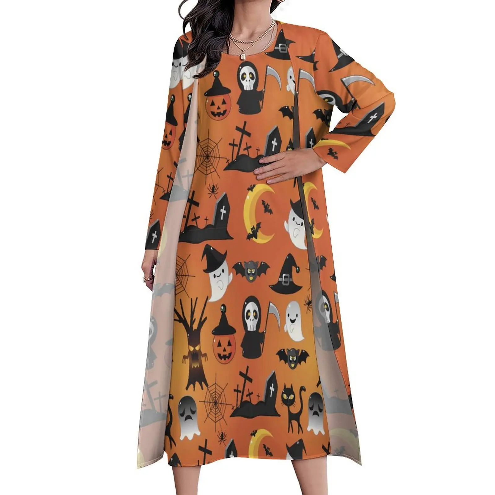 Happy Haunts Dress Autumn Cartoon Halloween Street Wear Casual Long Dresses Female Printed Sexy Maxi Dress Big Size 5XL